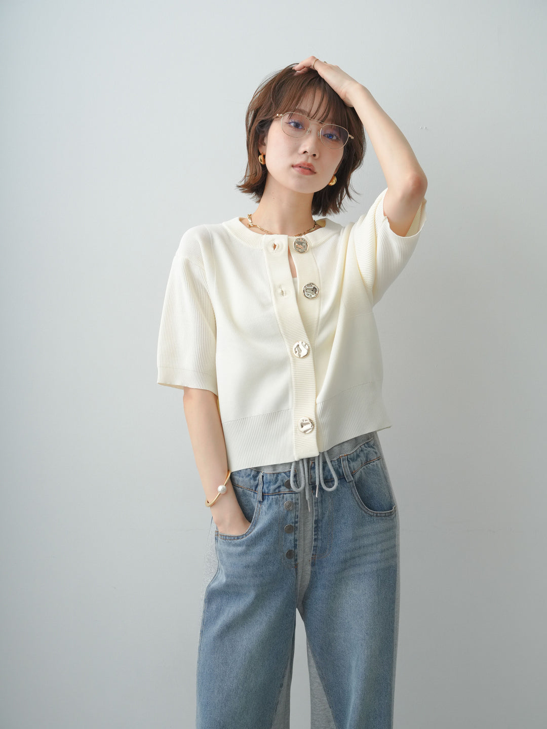 [SET]ゴールドボタンハーフニットカーディガン+デニム切替スウェットパンツ(2set)