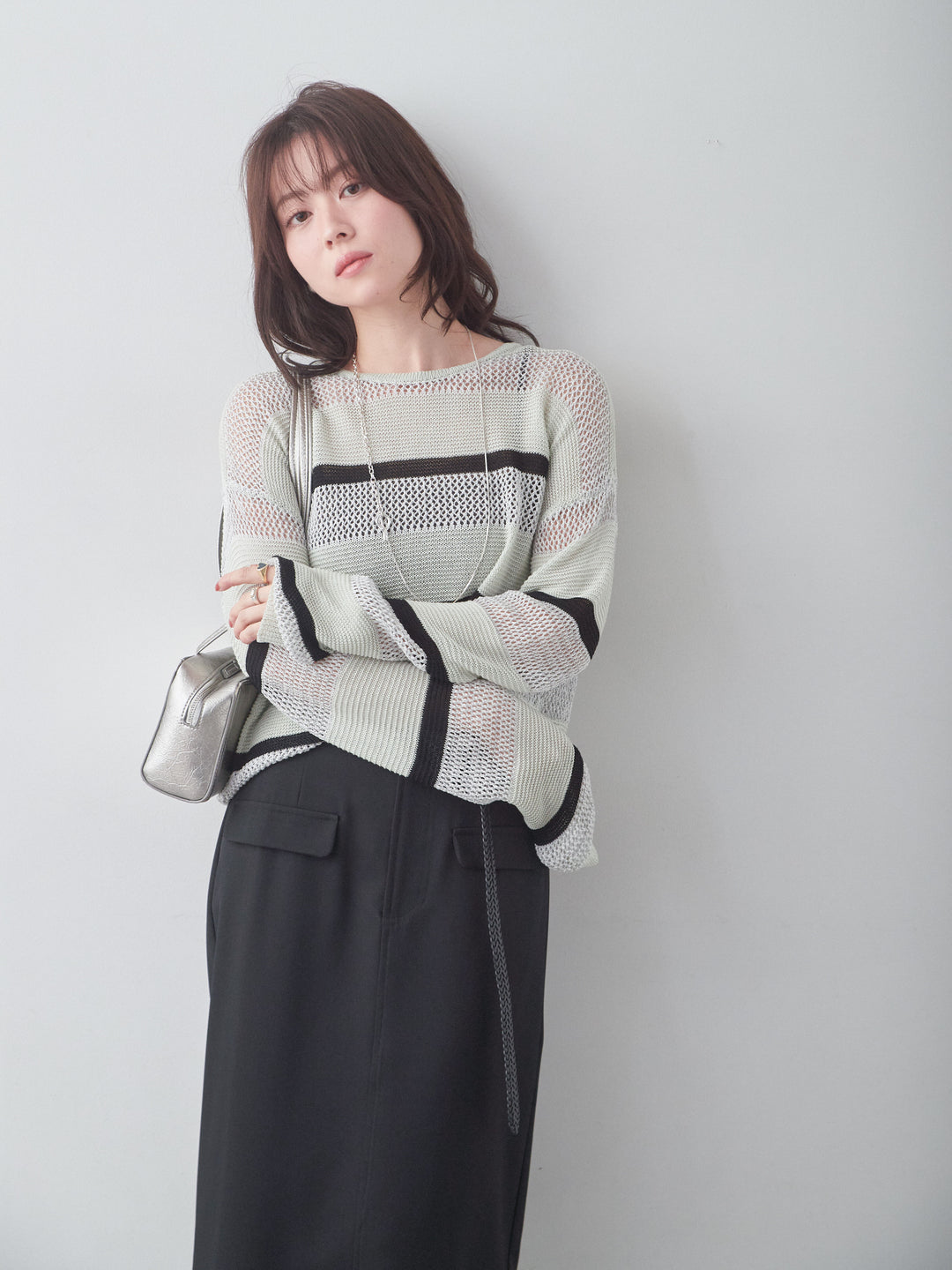 [SET]マルチボーダーメッシュニットトップス+クレープデシンフラップ付きストレートスカート(2set)