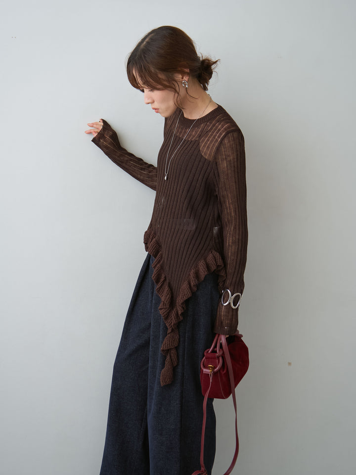 [予約]ヘムフリル透かし編みニットトップス/brown