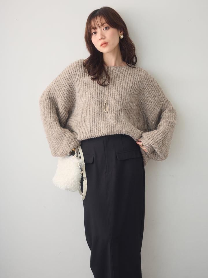 [SET]バルーンスリーブスパンリブニットトップス+クレープデシンフラップ付きストレートスカート(2set)