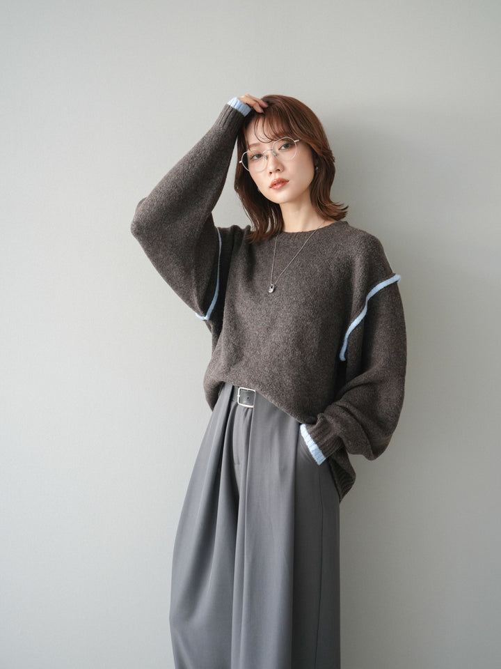 [予約]バイカラーパイピングニットプルオーバー/brown