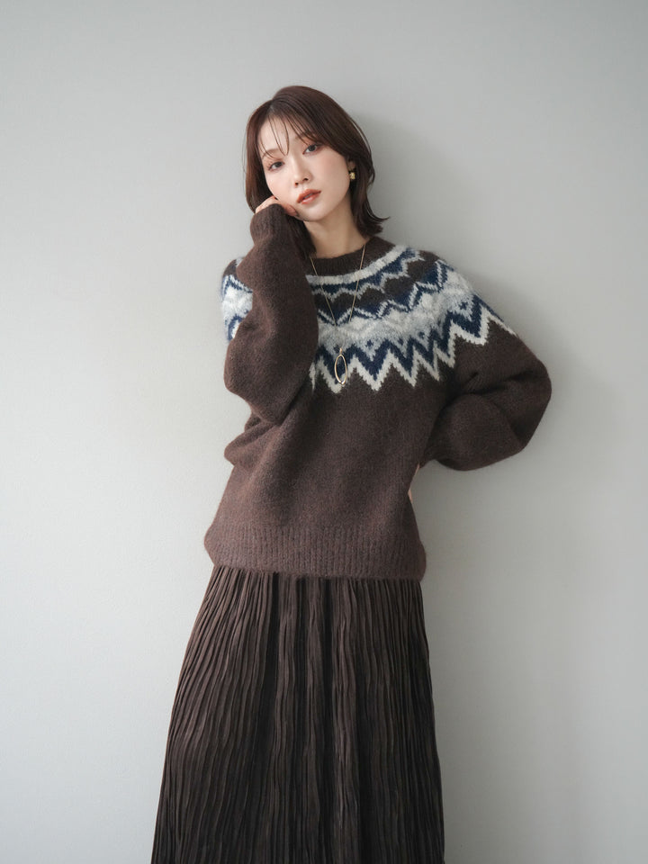 [SET]求心柄オーバーニットプルオーバー+スエードワッシャープリーツスカート(2set)