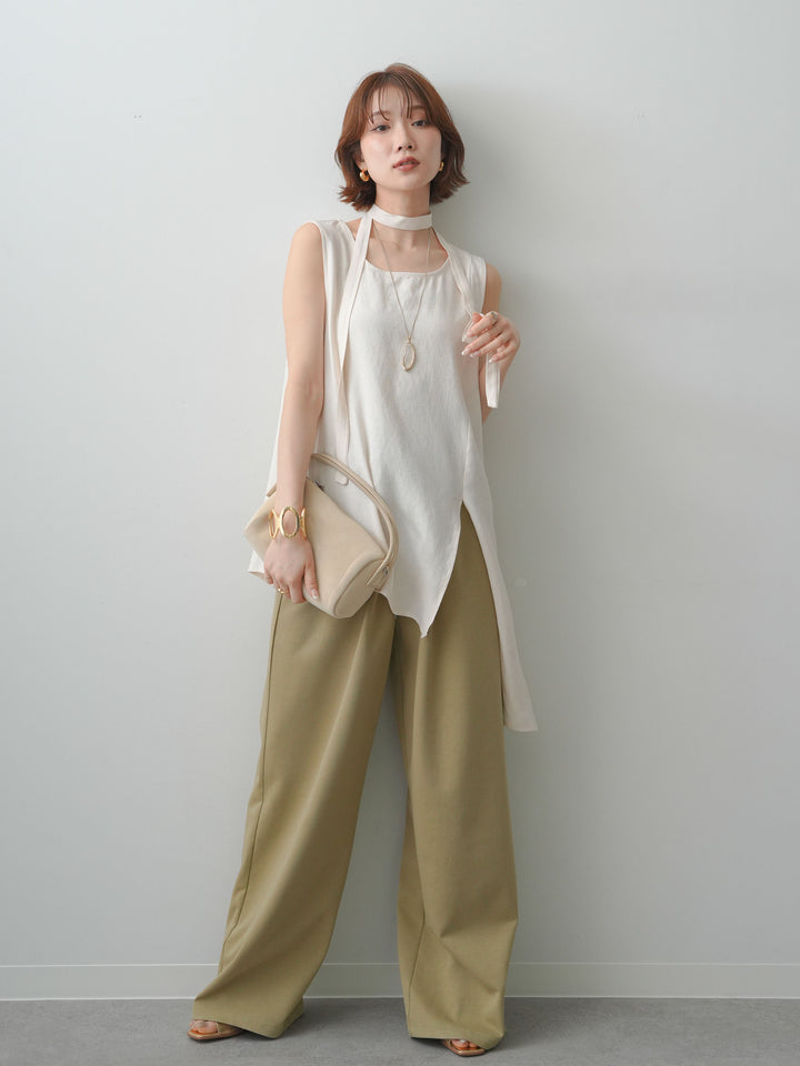 [SET]タイ付アシメヘムノースリトップス+リラックスドレープスウェットパンツ(2set)