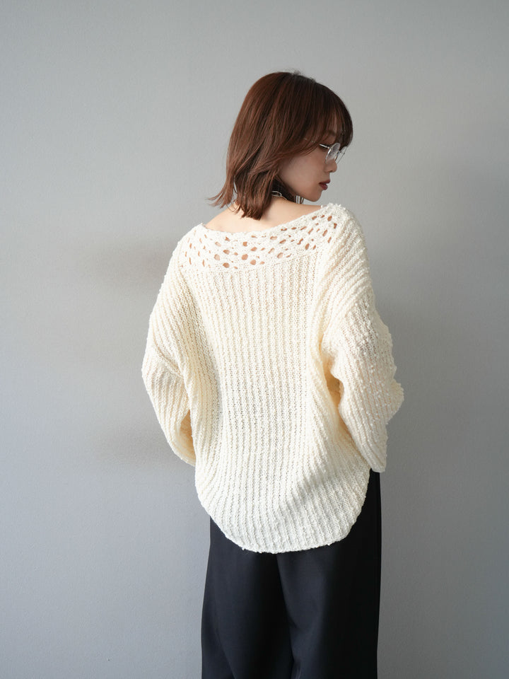 [予約]ボートネック透かし編みニットプルオーバー/white