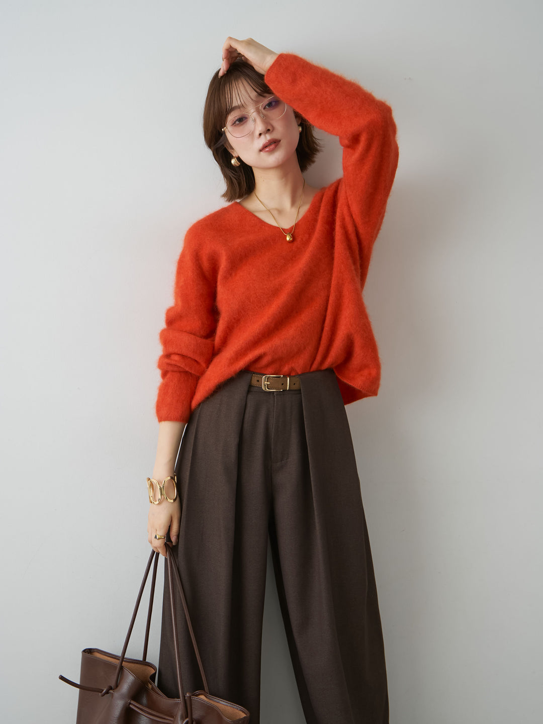 [予約]カシミア混フェザータッチVネックニットトップス/orange