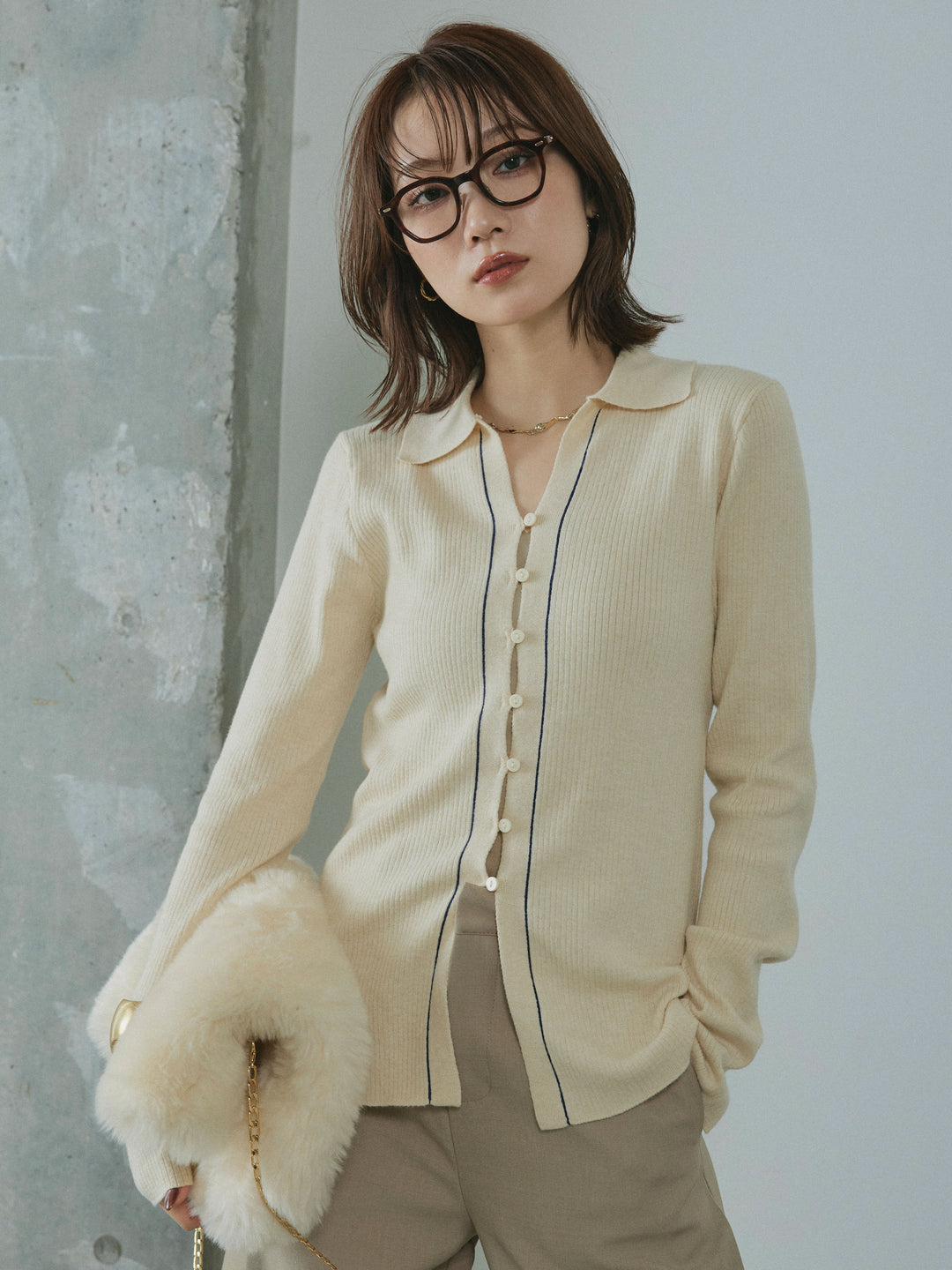 【Allure】[SET]リブ配色ラインポロニットカーディガン+リブ配色ラインポロニットカーディガン(2set)