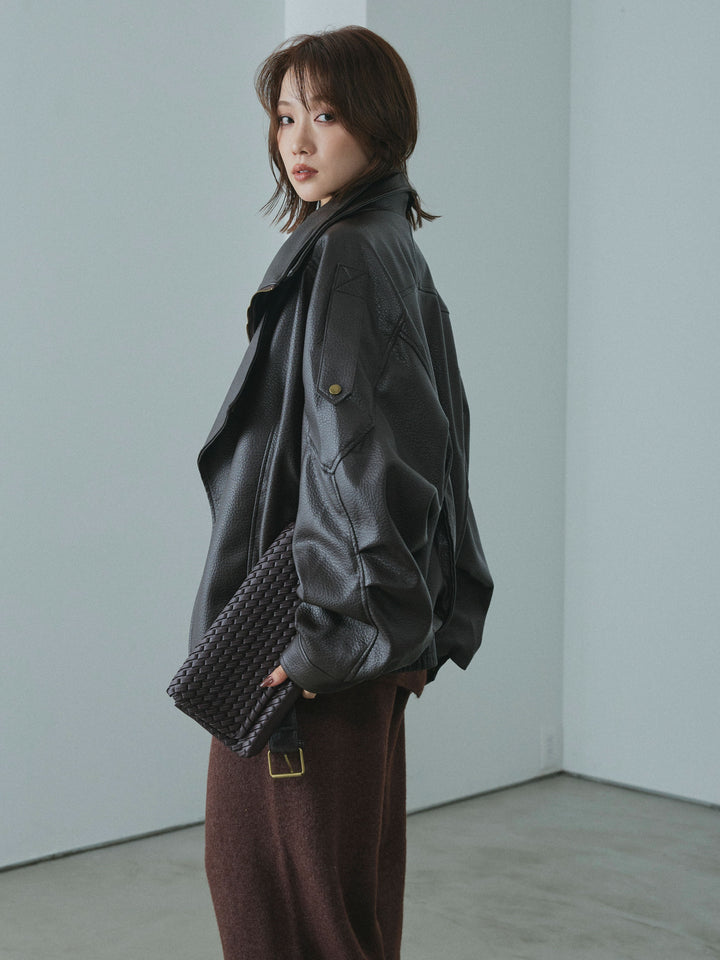 【Allure】[SET]ニットベアトップ＆ワイドパンツSET UP+スタンドカラーレザーブルゾン(2set)