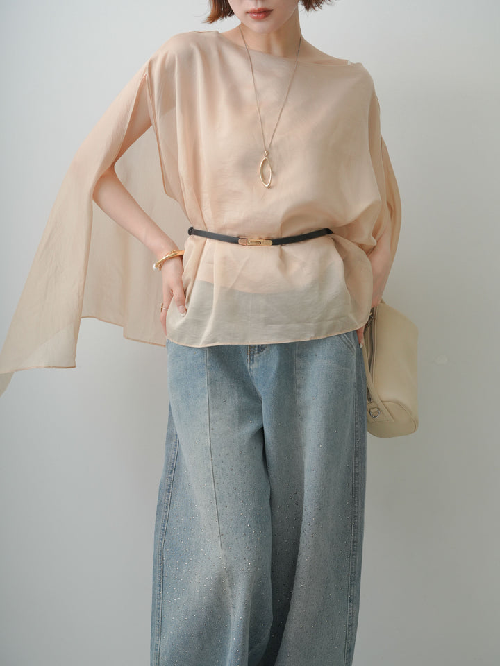 [予約]ベルト付シアーケープレイヤードブラウス/beige