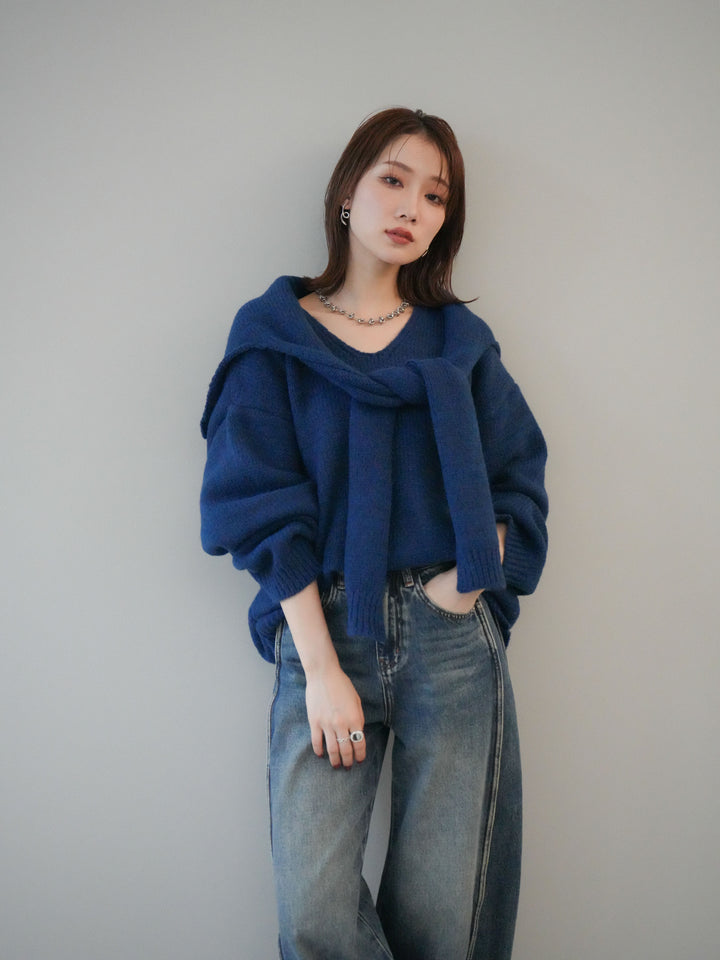 [予約]ストール付きVネックニットプルオーバー/blue