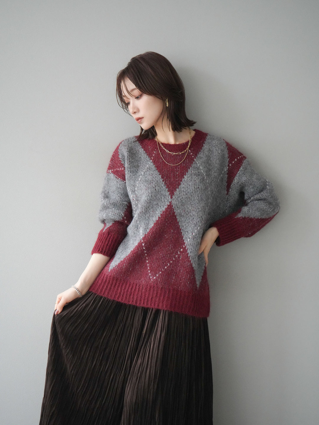 [予約]アーガイルオーバーニットプルオーバー/bordeaux