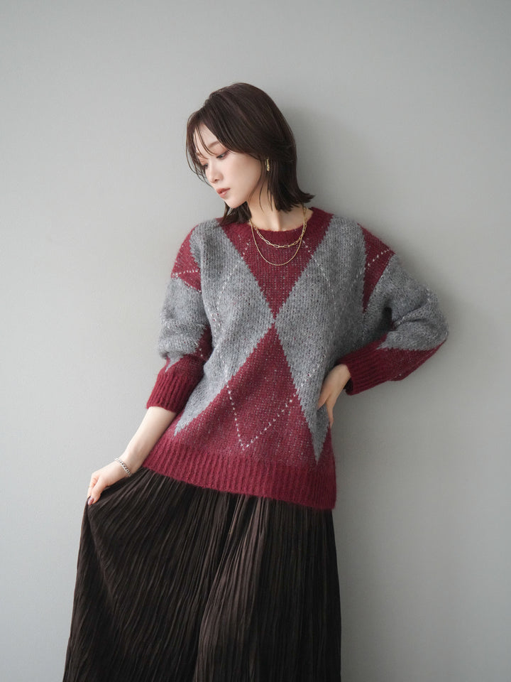 [予約]アーガイルオーバーニットプルオーバー/bordeaux