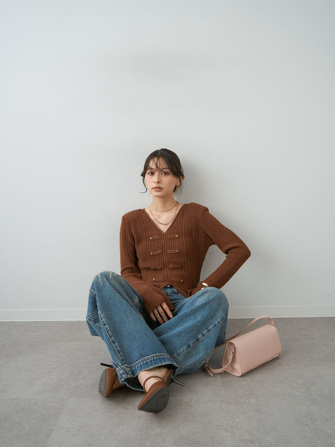 [予約]ナポレオンVネックリブニットトップス/brown
