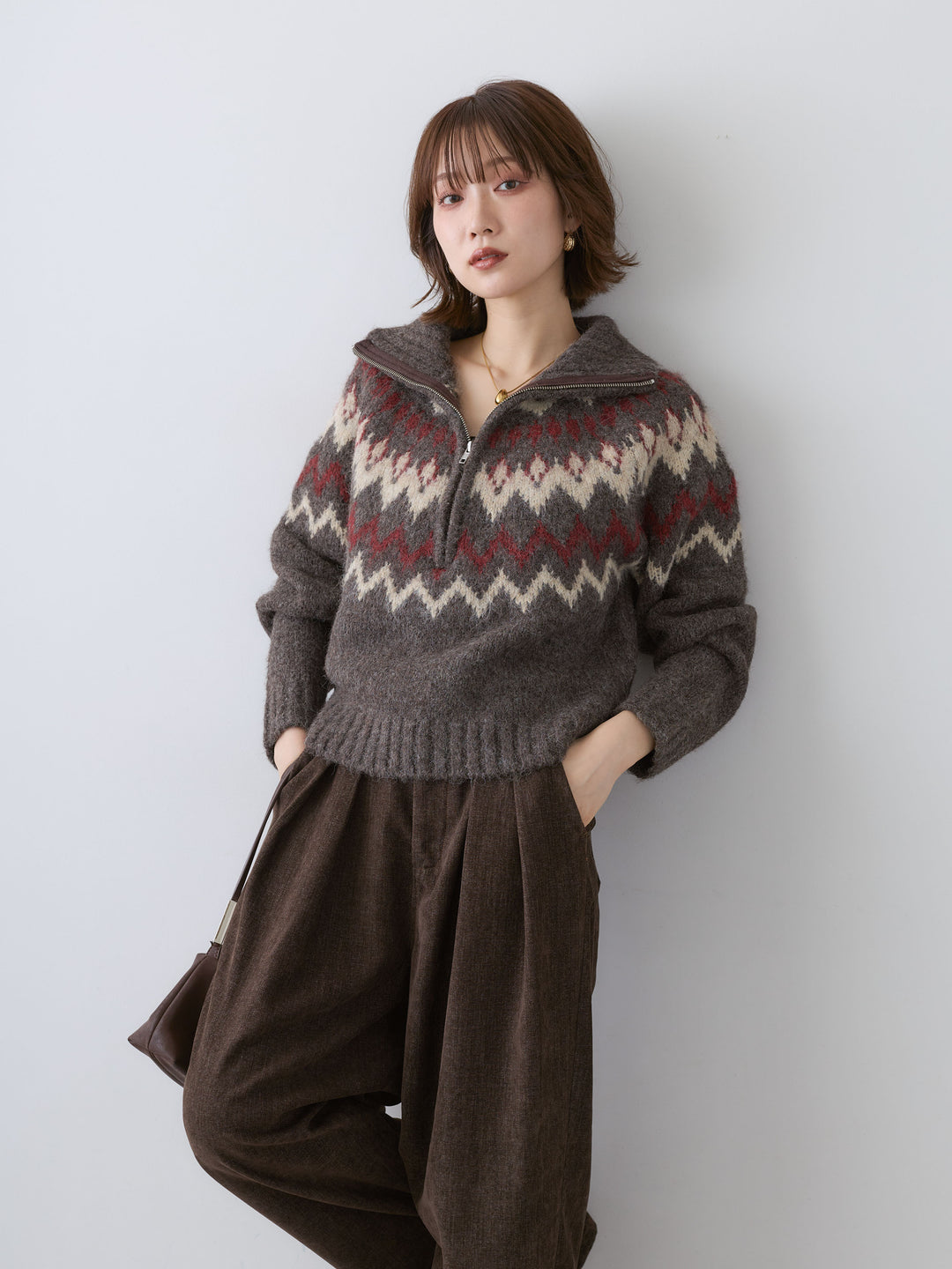 [予約]ノルディックハーフジップニットトップス/brown