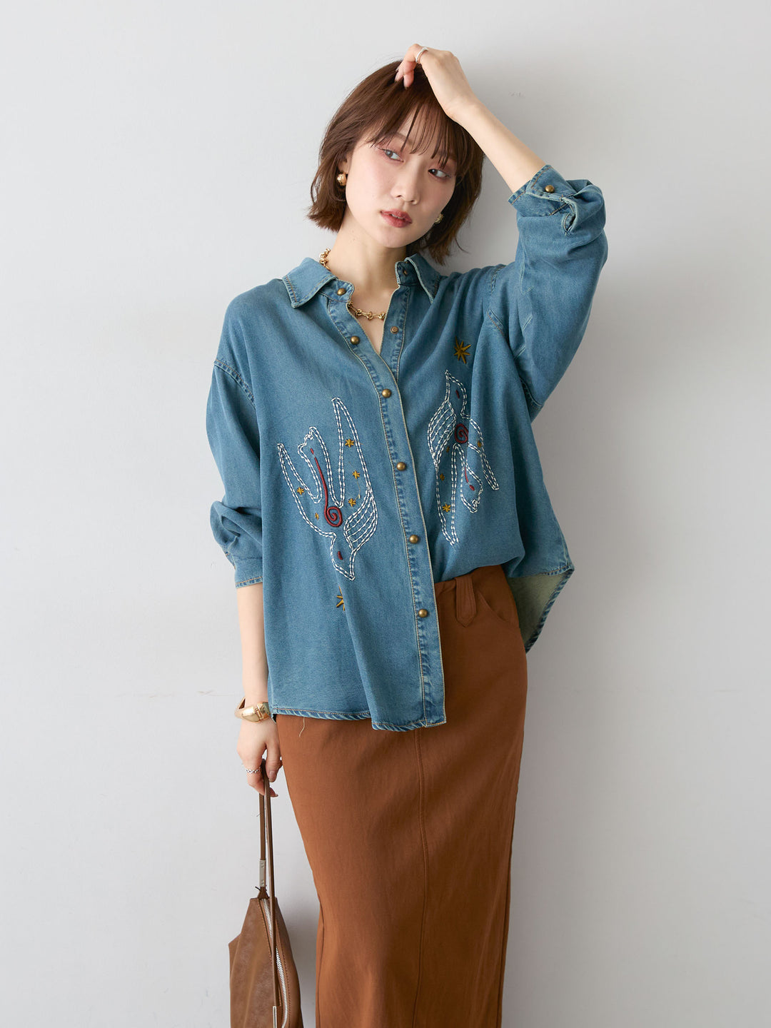 [SET]モチーフ刺繍デニムシャツ+レザータッチフリンジスカート(2set)