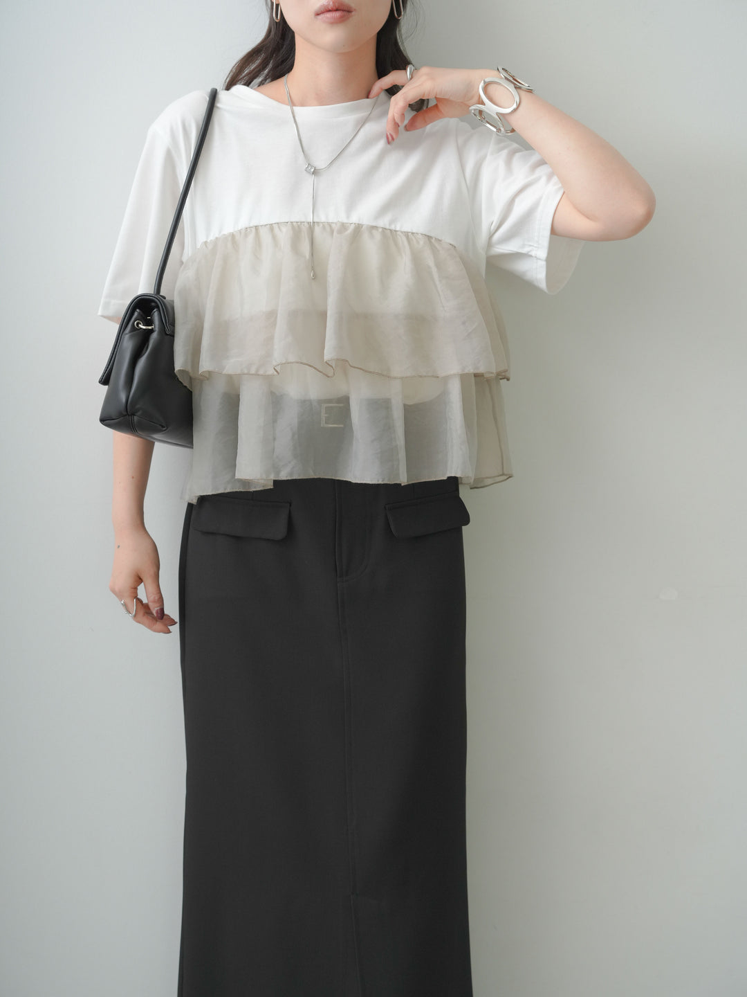 [SET]オーガンジーフリルドッキングTEE+クレープデシンフラップ付きストレートスカート(2set)