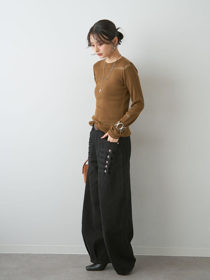 [SET]クラッシュデザインニットトップス+ナポレオンコットンカーブパンツ(2set)
