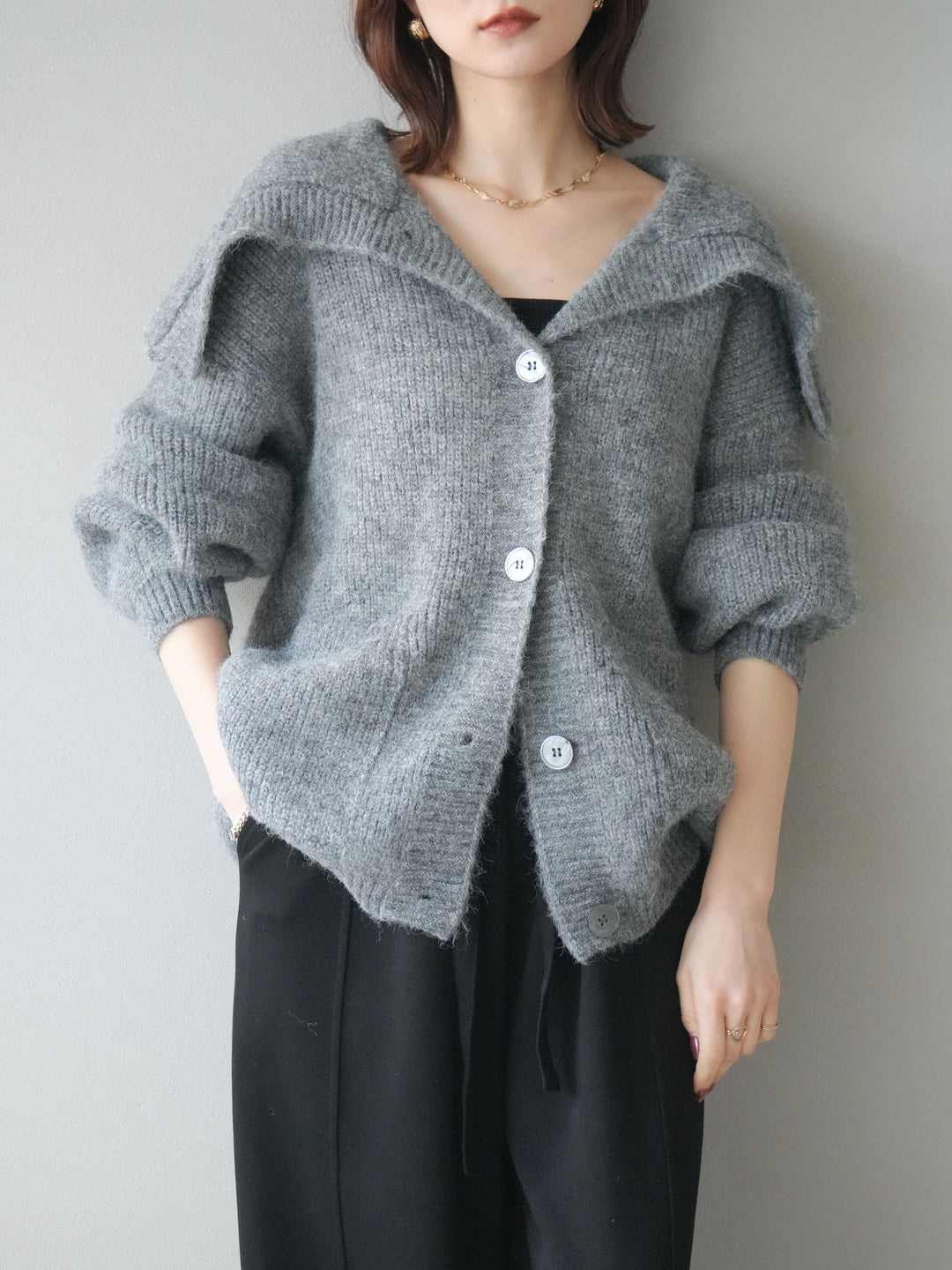 [予約]襟付きボタンオーバーニットカーディガン/gray