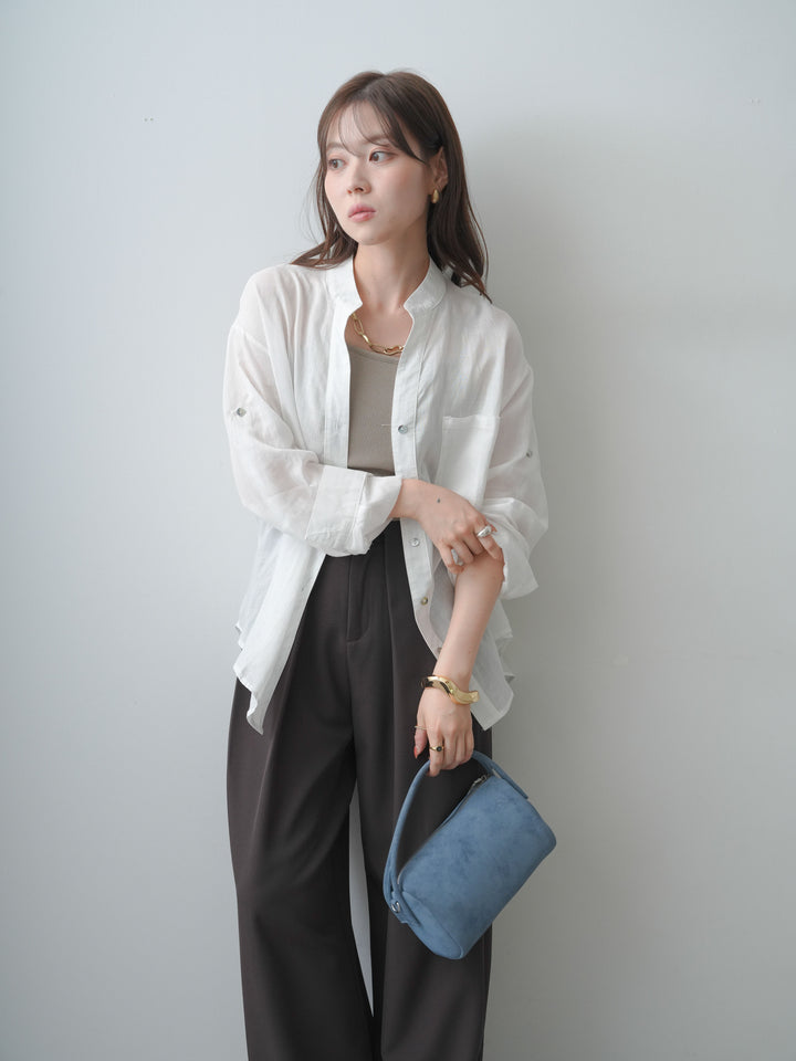 [SET]バックレースノーカラーシャツ+カップ付きバッククロスキャミソール+ベルトループデザインワイドパンツ(3set)