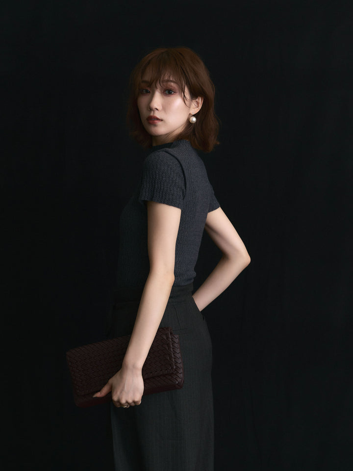 【Allure】[SET]デザインリブハーフニットトップス+ウールライクストライプワイドパンツ(2set)