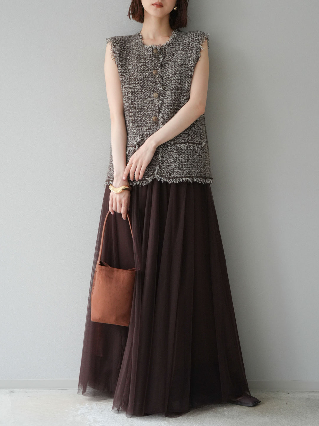 [予約]ミックスツイードフリンジニットベスト/ブラウン