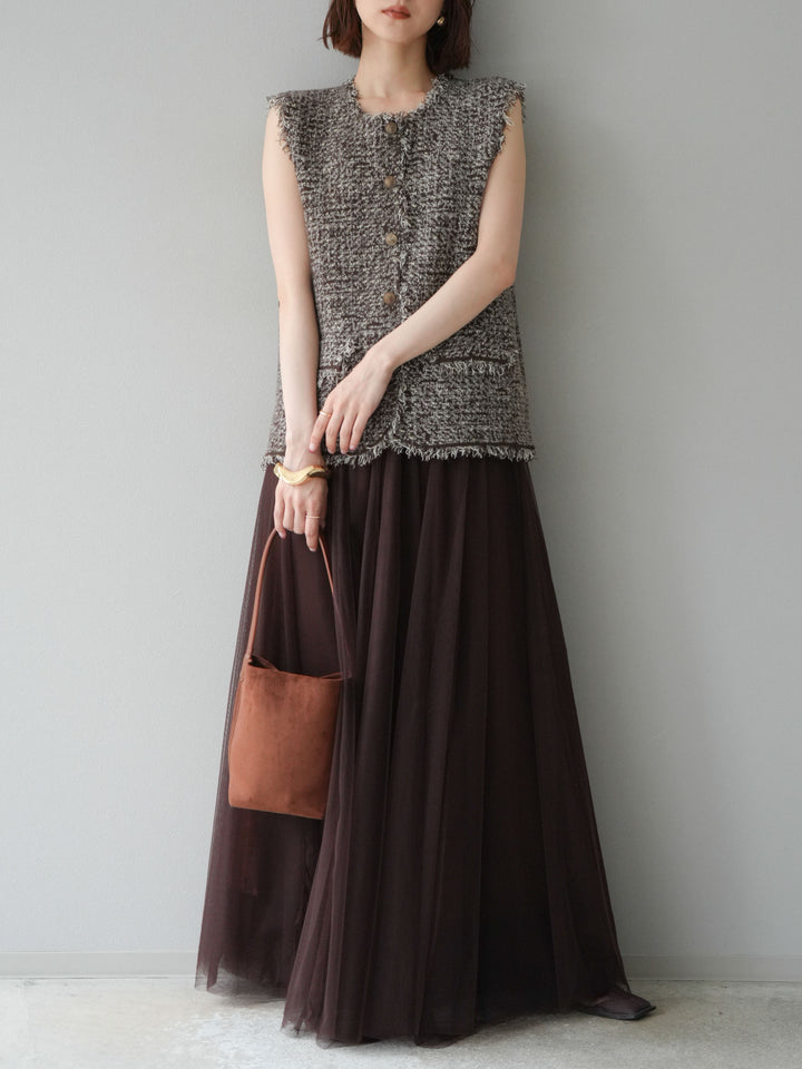 [予約]ミックスツイードフリンジニットベスト/ブラウン