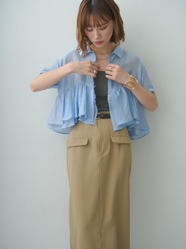 [SET]楊柳ペプラムシアーハーフシャツ+カップ付テレコリブベアキャミソール+クレープデシンフラップ付きストレートスカート(3set)