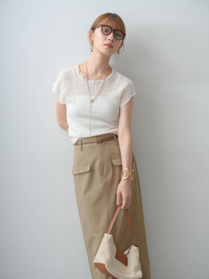 [SET]シャーリングシアーバックオープンフレンチトップス+クレープデシンフラップ付きストレートスカート(2set)