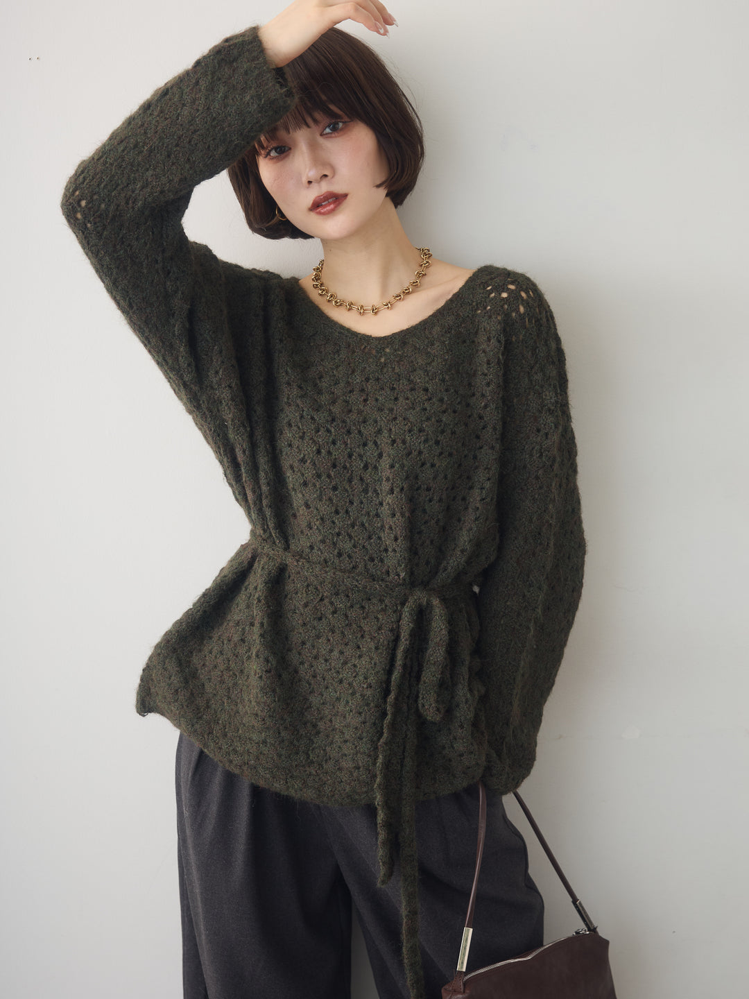 [SET]ニットベルト付ポップコーンプルオーバー+ダブルタックドレープストレートワイドパンツ(2set)