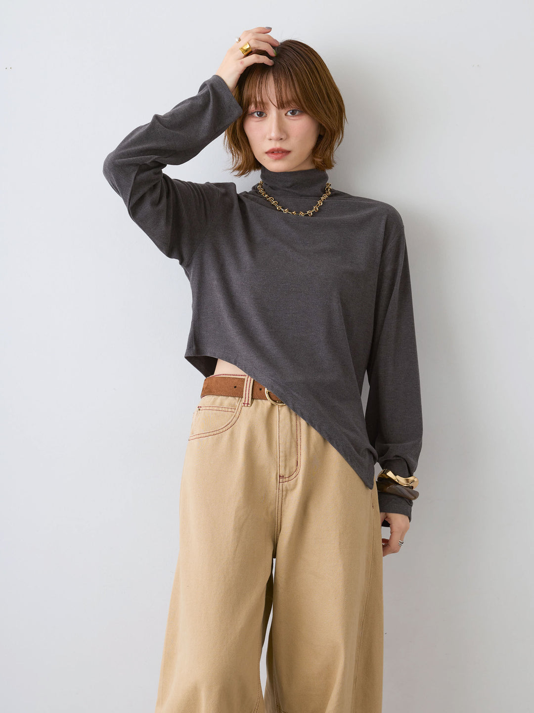 [SET]モックネックアシメヘムトップス+カラーステッチワイドパンツ(2set)