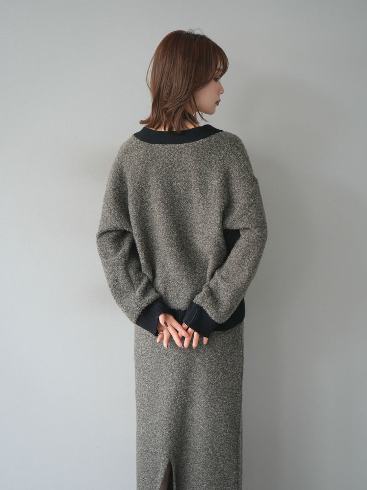 [SET]ブークレバイカラーニットカーディガン+ブークレバイカラータイトニットスカート(2set)