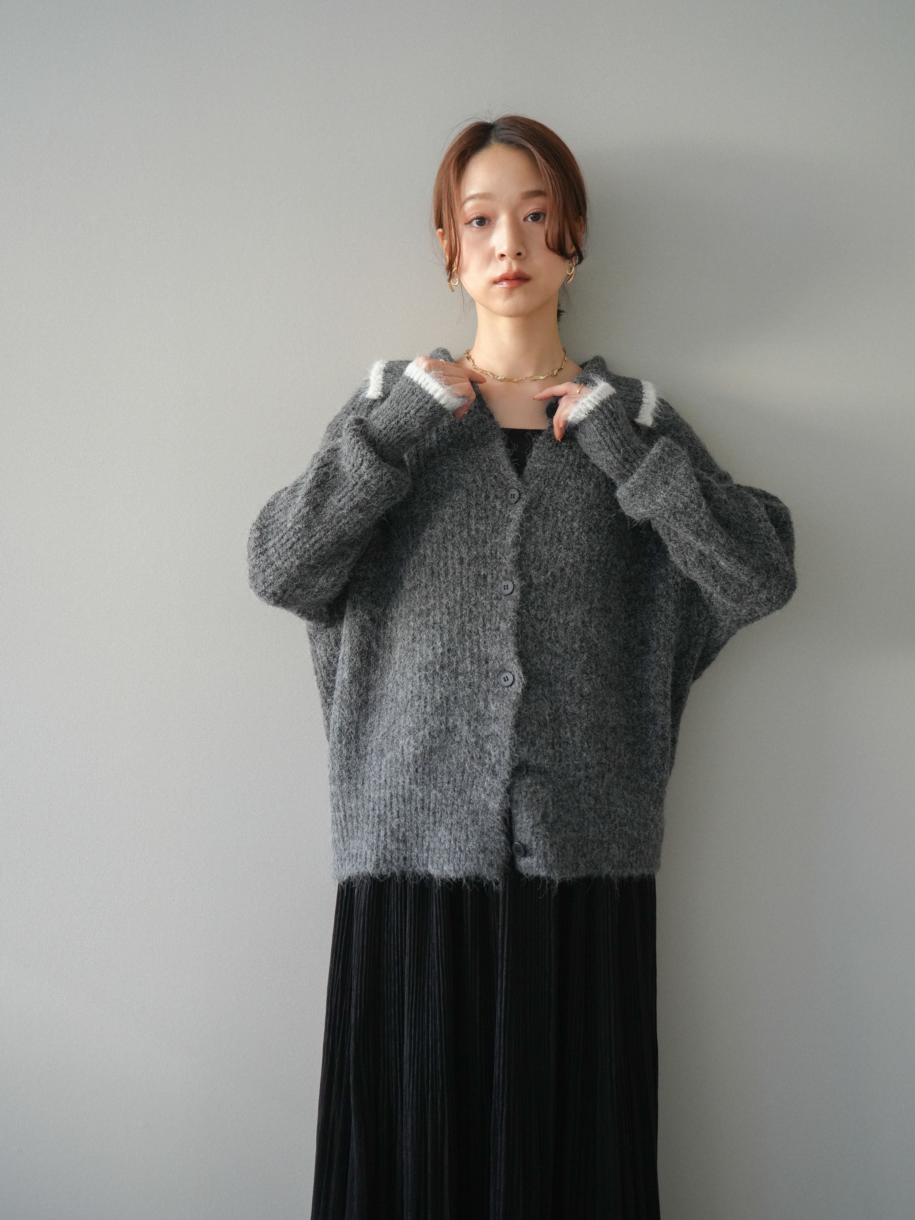 予約]襟付きバイカラーミックスニットカーディガン/gray – Lumier
