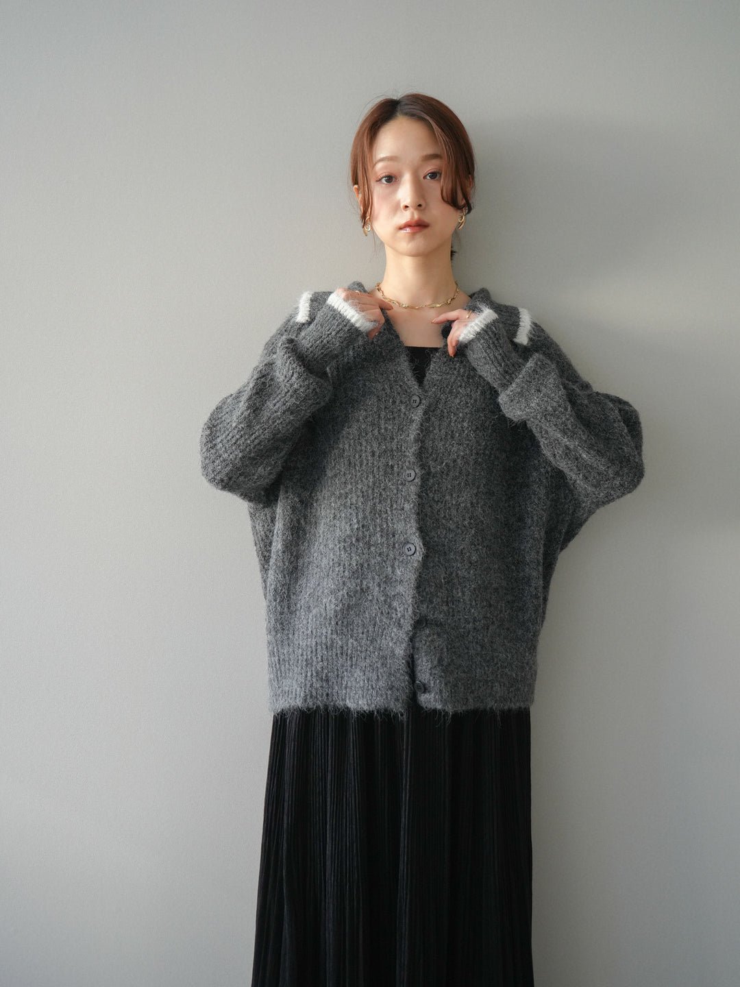 [予約]襟付きバイカラーミックスニットカーディガン/gray