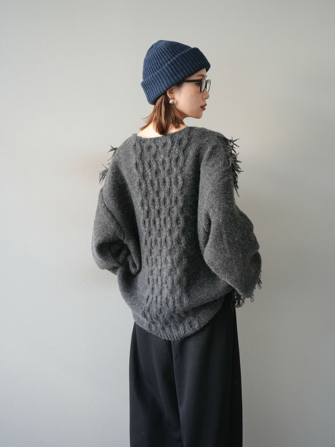 [予約]レースアップフリンジニットプルオーバー/gray