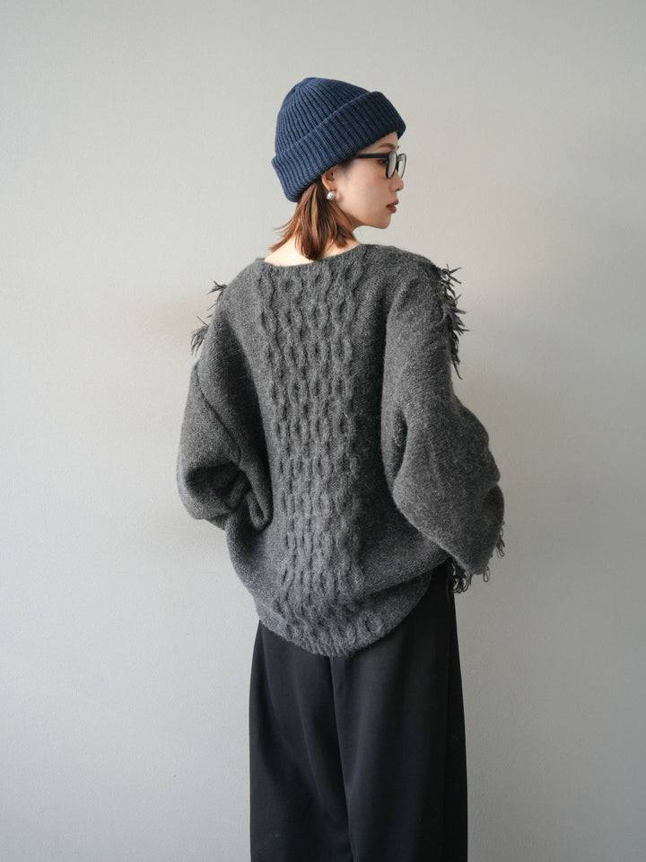 [予約]レースアップフリンジニットプルオーバー/gray