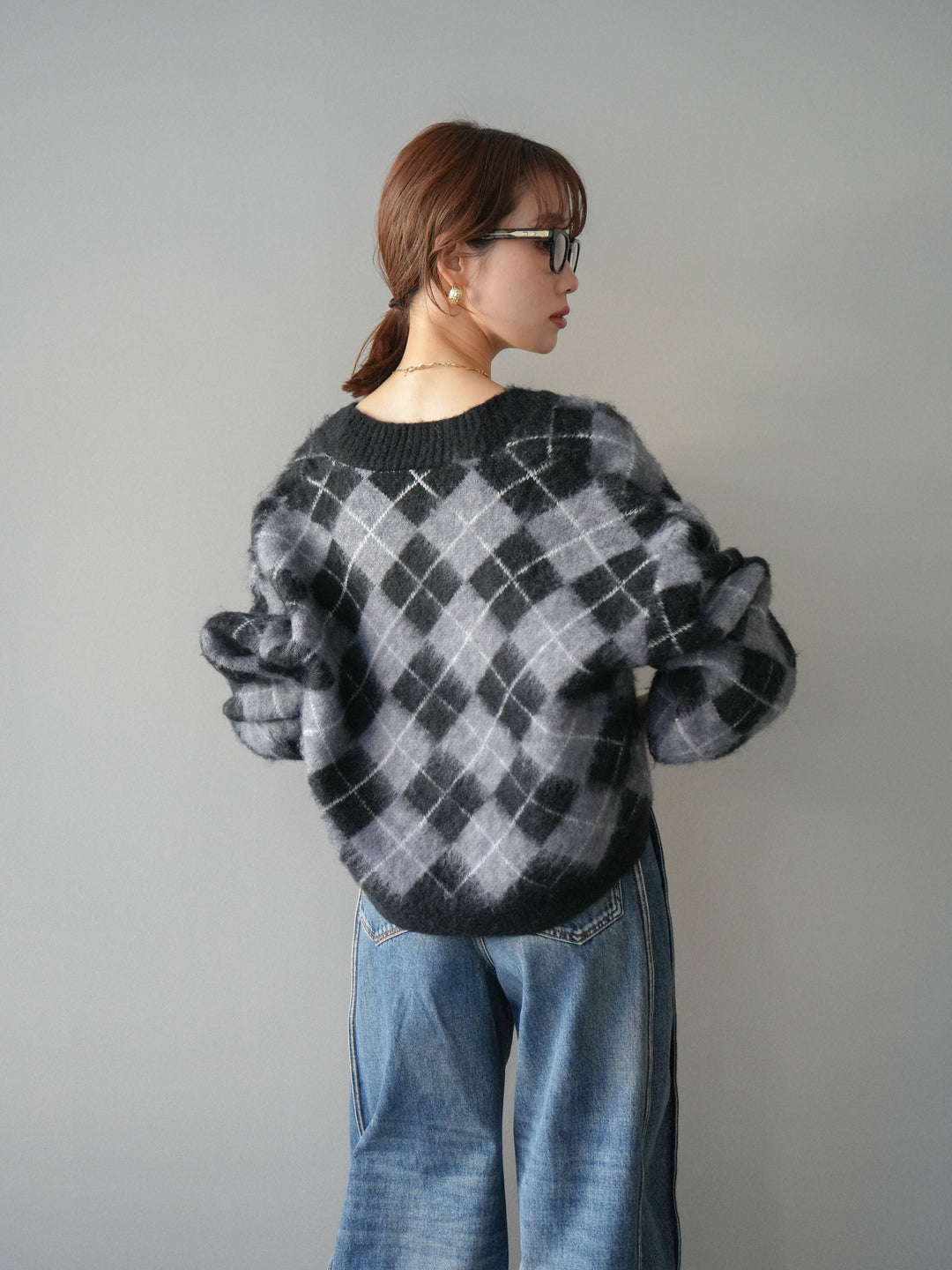 [予約]アーガイルシャギーニットカーディガン/gray