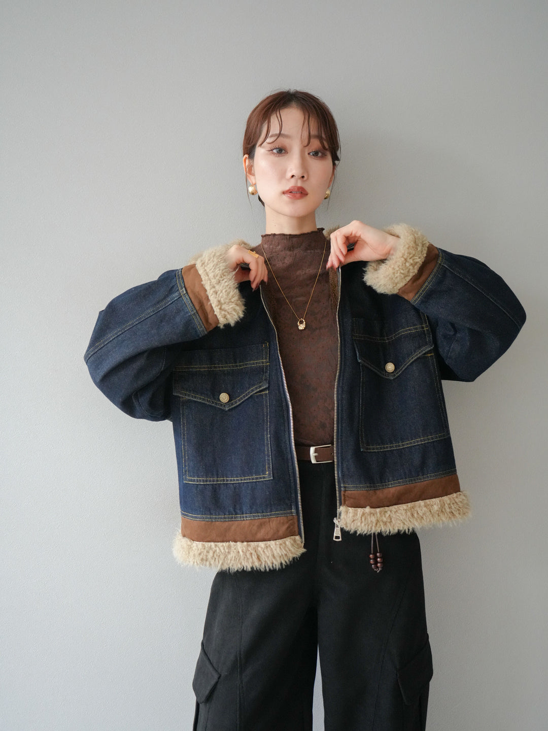 [予約]スタンドカラーファー×デニムジャケット/indigo