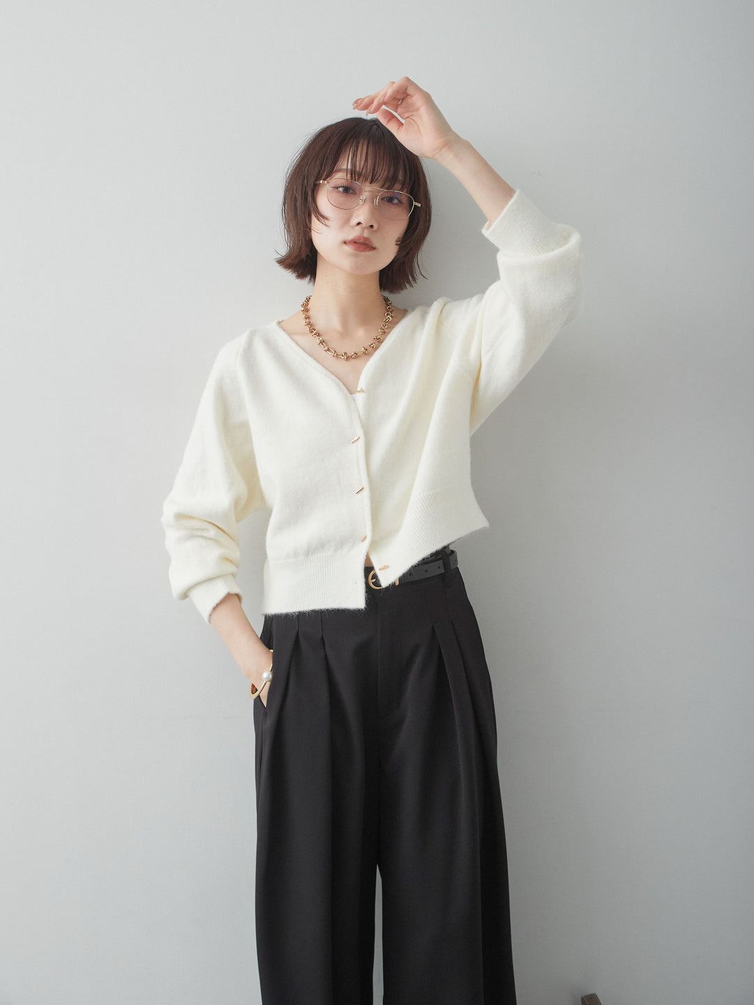 [SET]ゴールドラインボタンカーディガン+クレープデシンタックワイドパンツ(2set)