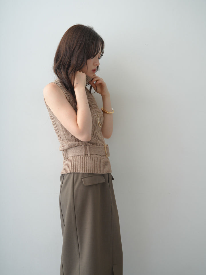 [SET]ベルト付ケーブルノースリニットトップス+クレープデシンフラップ付きストレートスカート(2set)