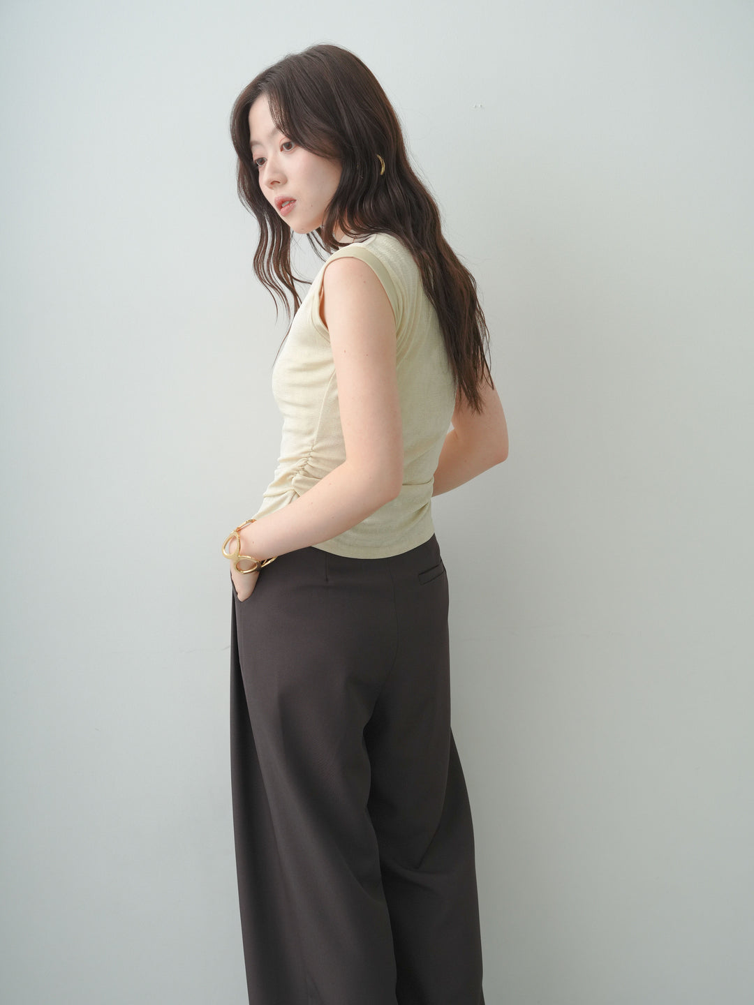 【套裝】亮片拼接透視上衣+皮帶環設計闊腿褲（兩件套裝）