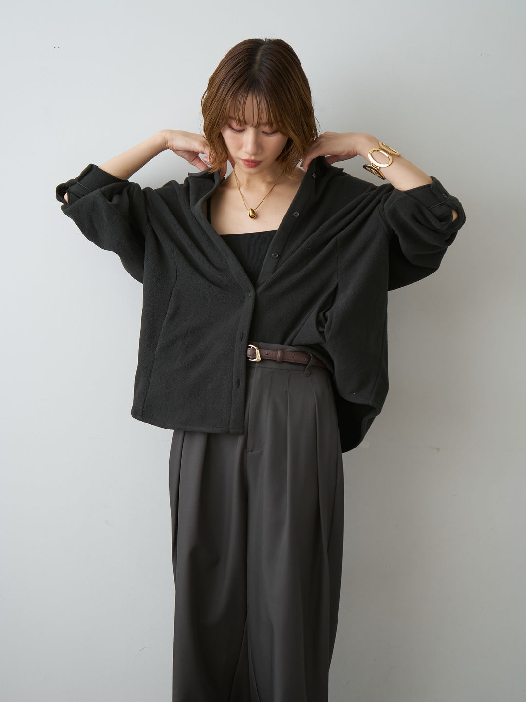 [SET]フリースパイピングシャツ+ツイルタックワイドパンツ(2set)
