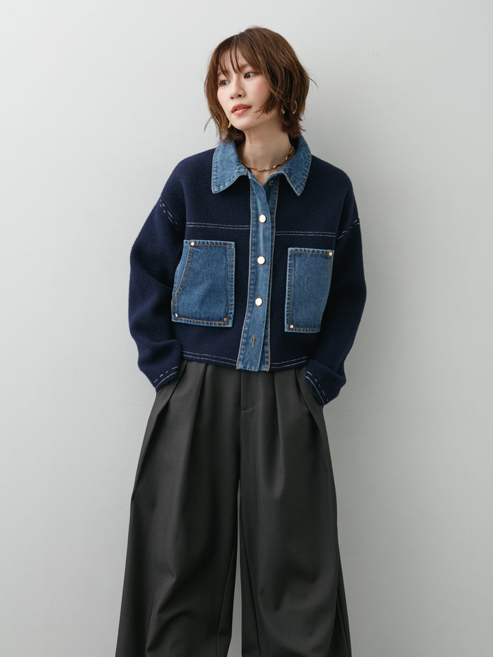 [予約]デニムコンビスムースニットジャケット/navy