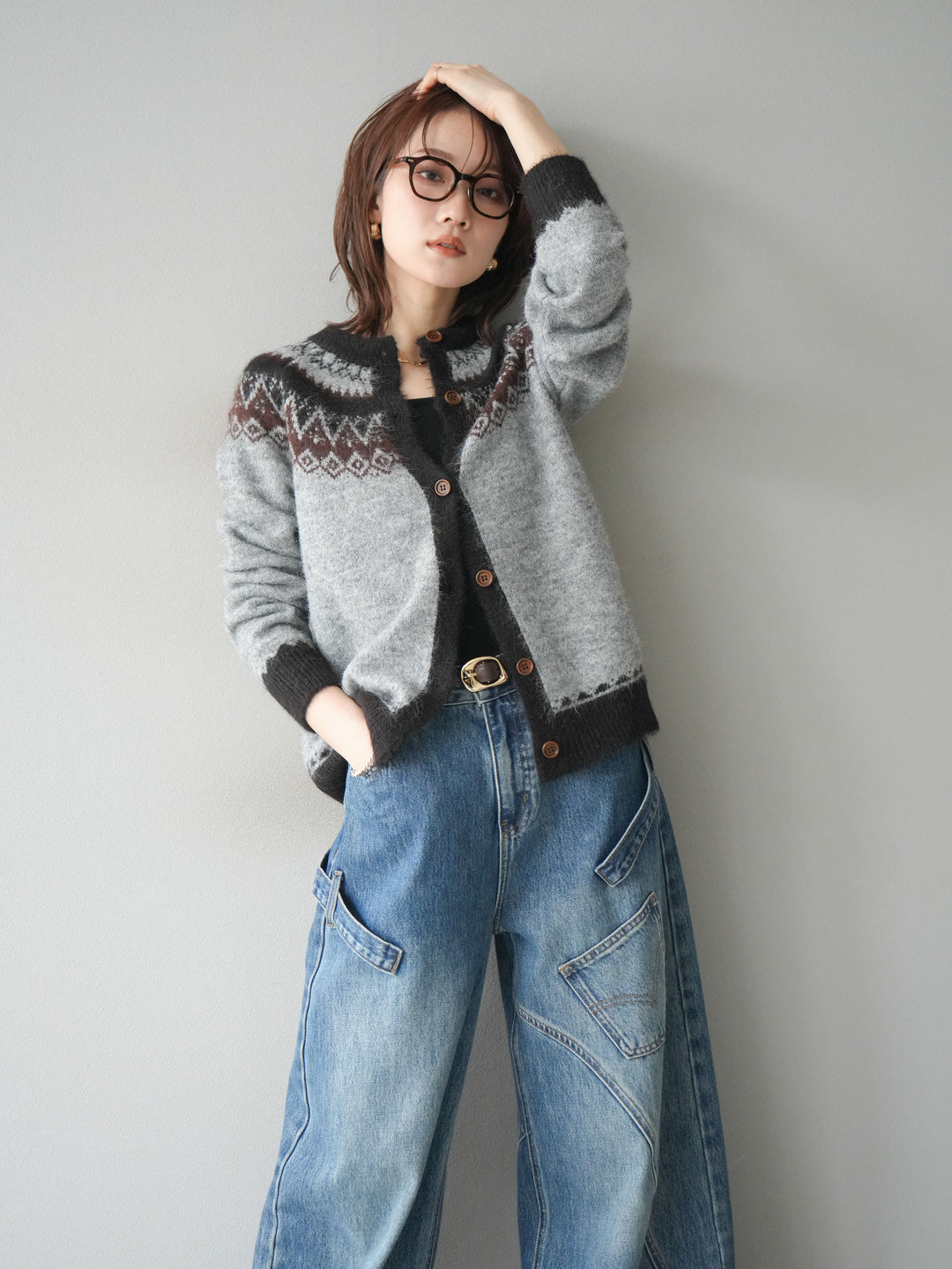 [SET]ノルディック柄ニットカーディガン+ペインターカーブデニムパンツ(2set)