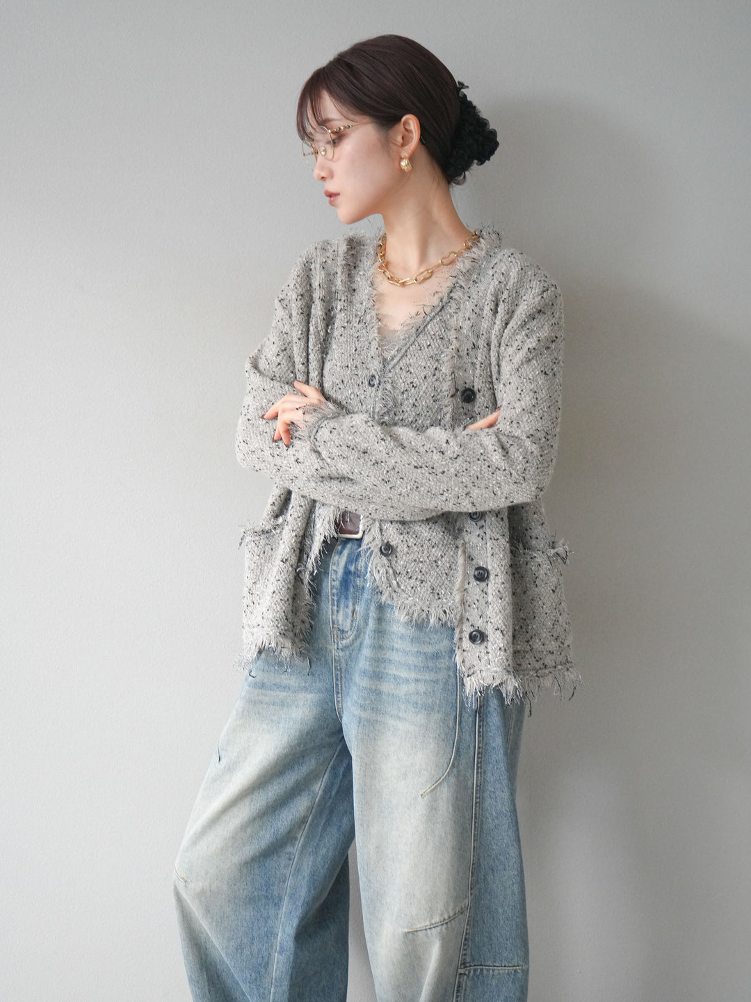 [予約]ネップフリンジニットカーディガン/khaki