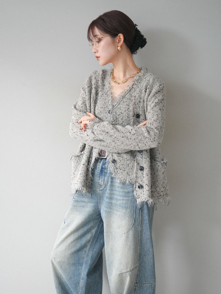 [予約]ネップフリンジニットカーディガン/khaki