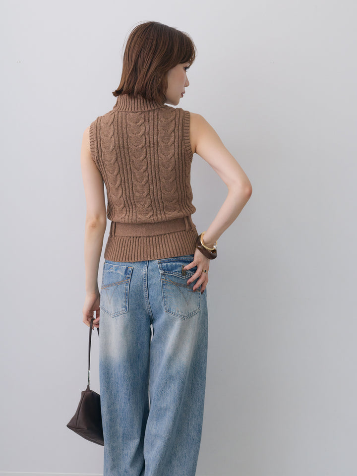 [予約]ベルト付ケーブルノースリニットトップス/brown