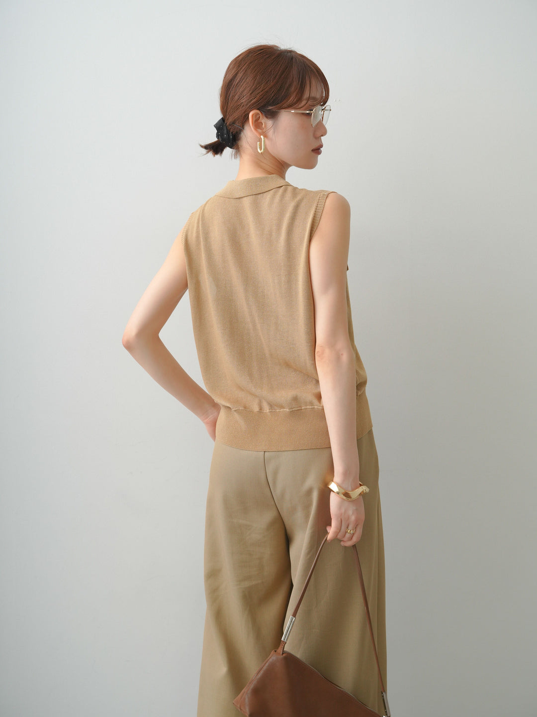 [予約]ダブルポケットポロニットトップス/beige