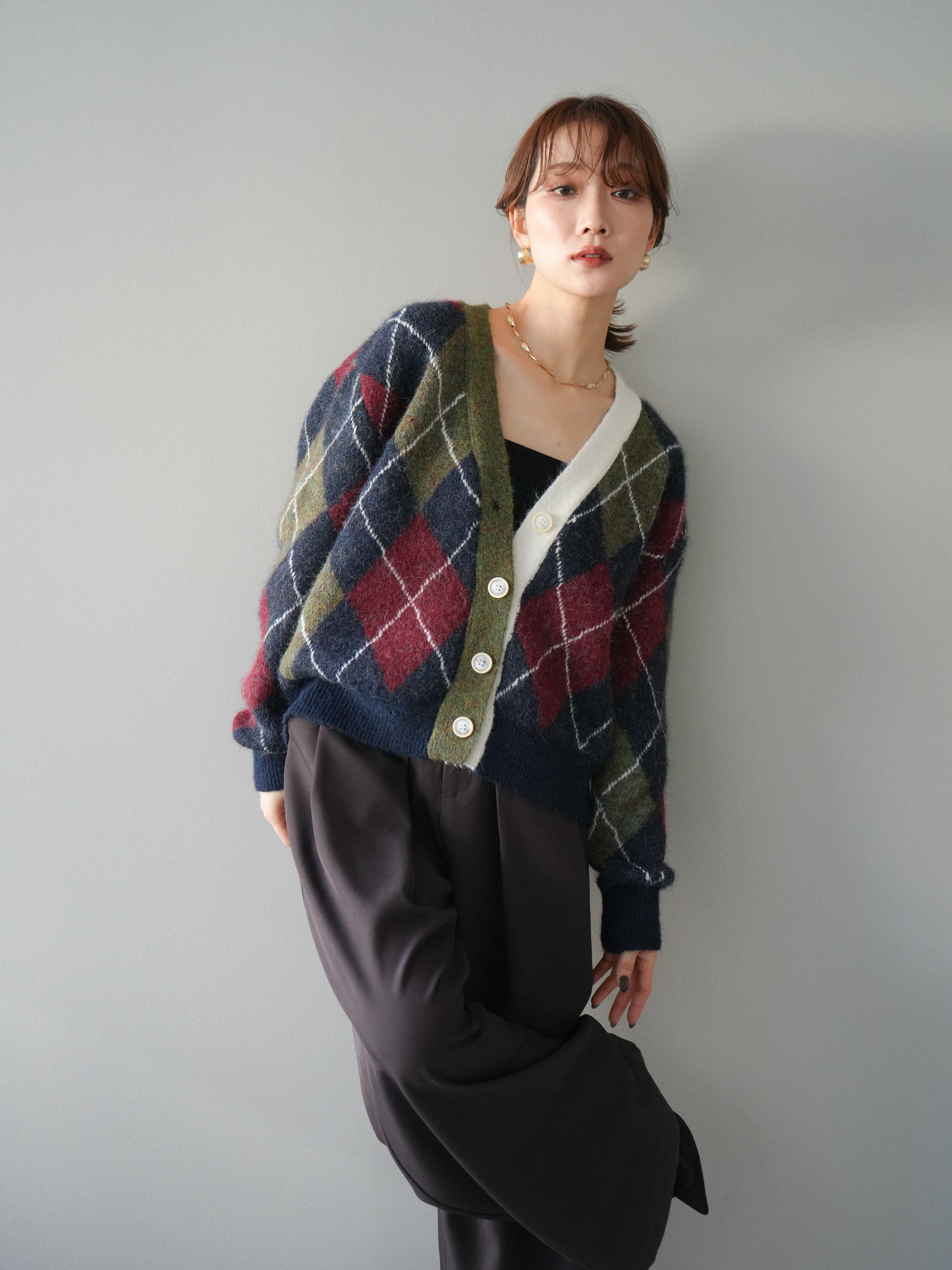 予約]配色アーガイル柄ニットカーディガン/green – Lumier