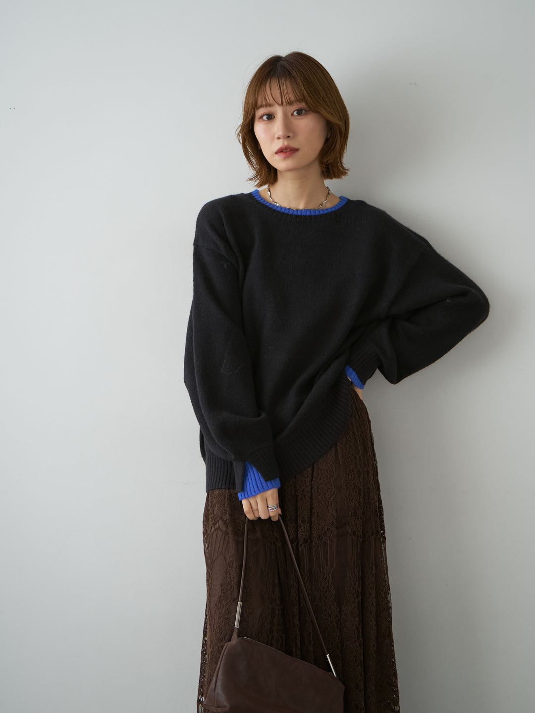 [予約]バイカラーカフスレイヤードニットプルオーバー/black