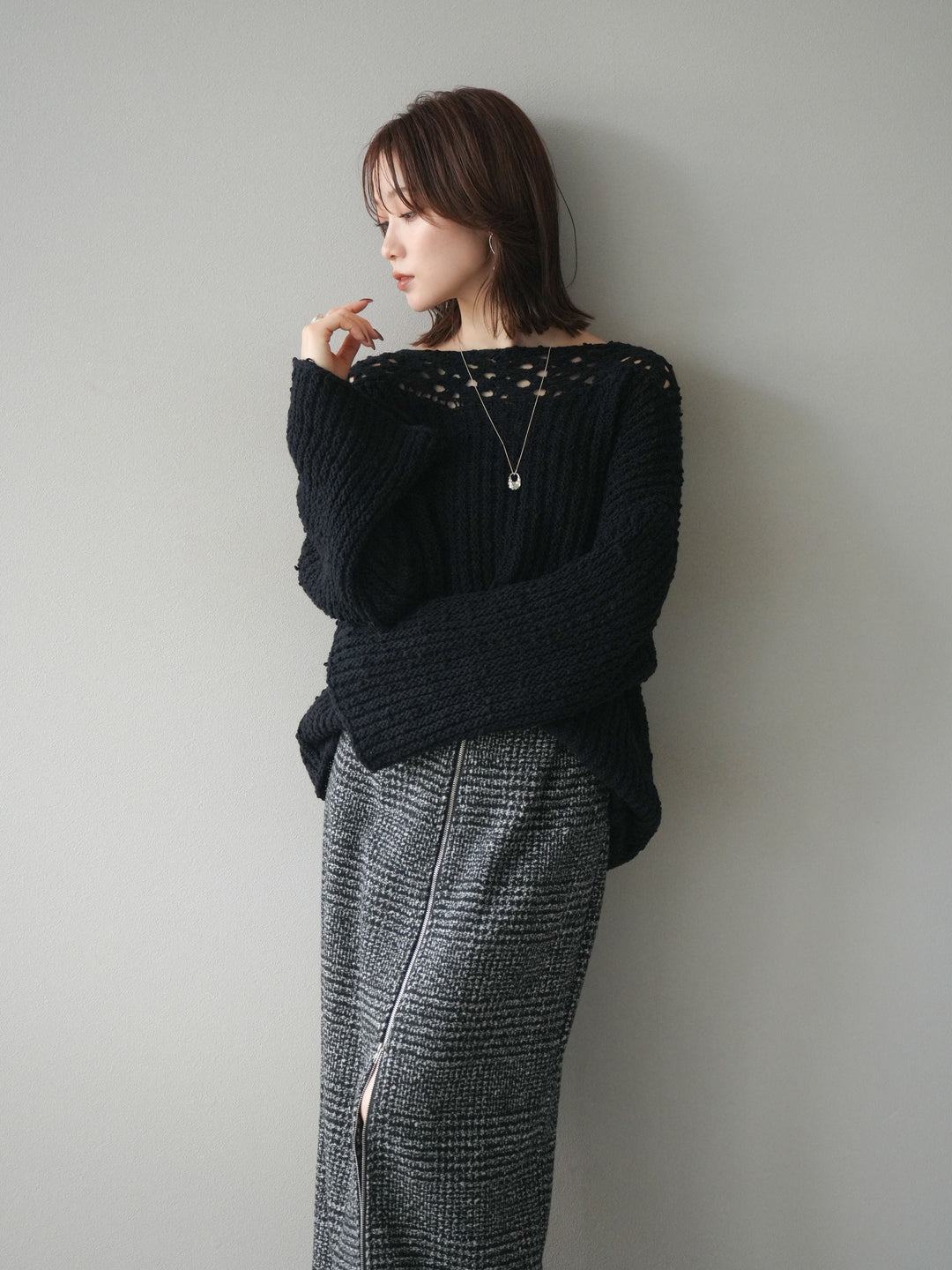 [予約]ボートネック透かし編みニットプルオーバー/navy