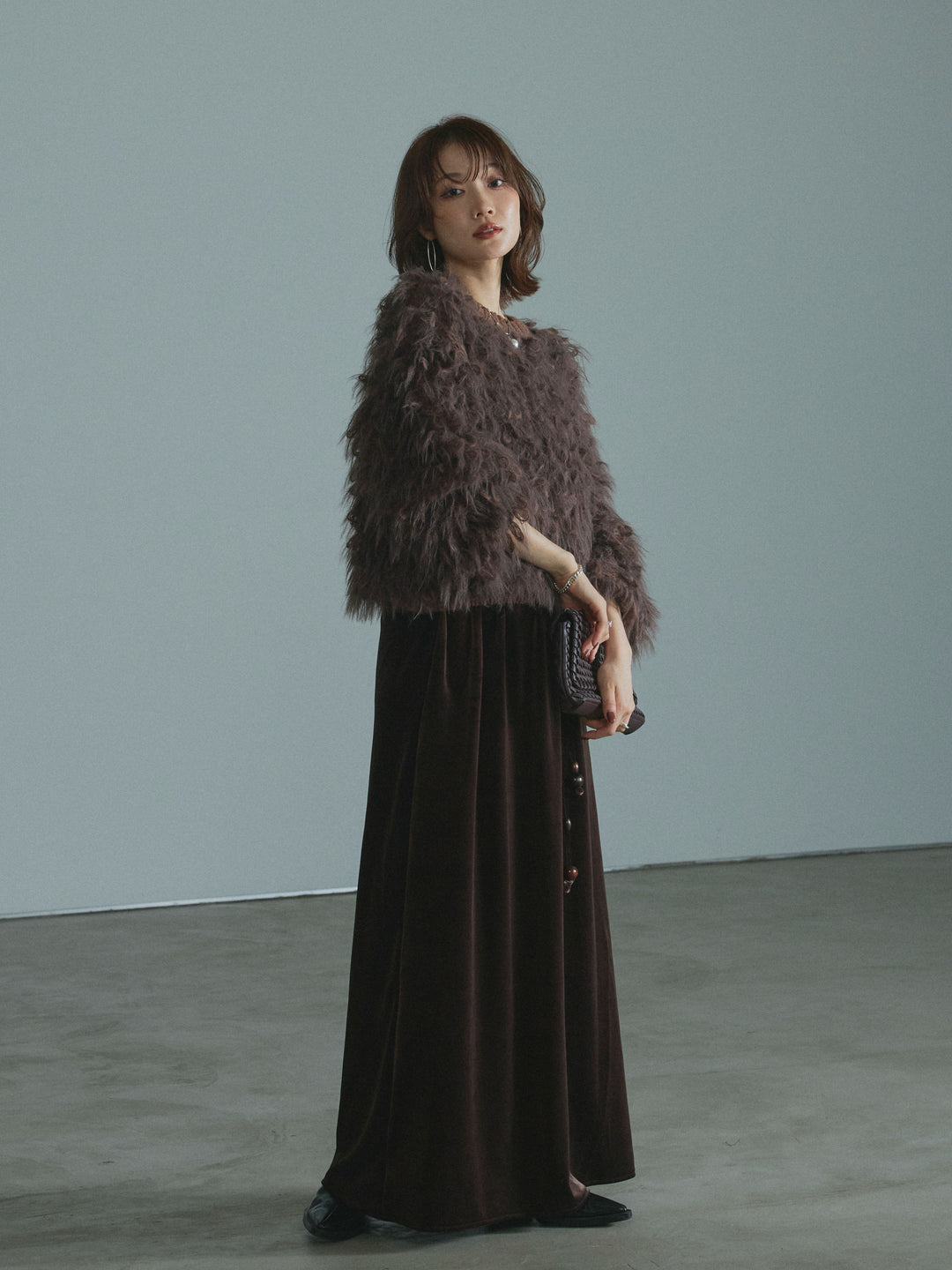 【Allure】[SET]ミックスシャギーループニットプルオーバー+ベロアナロースカート(2set)